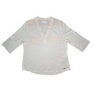 Calvin Klein Split Neck Roll Tab Sleeve Blouse XL Pink Pocket Top Business